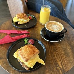 Belties - Hen House with Sausage, Hen house with bacon. Mango smoothie & latte.