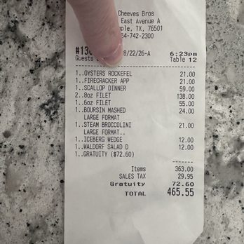 Cheeves Bros Steak House - Receipt - Steakhouses Near Me - Temple, Texas Cheeves Bros Steak House - Receipt - Steakhouses Near Me - Temple, Texas