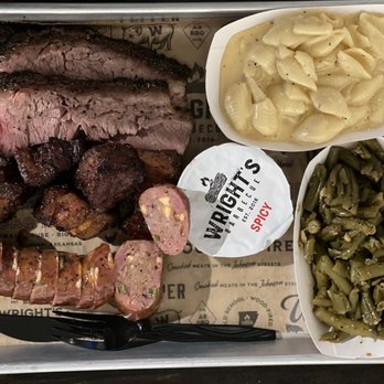 Wright's Barbecue - Texas Trinity Plate. 3 meats and two sides. - Southern Near Me - Johnson, Arkansas Wright's Barbecue - Texas Trinity Plate. 3 meats and two sides. - Southern Near Me - Johnson, Arkansas