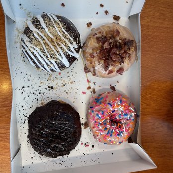 Duck Donuts - Top left S'mores next to it Bacon in the sun  then strawberry with sprinkles and chocolate explosion - Donuts Near Me - Charleston, South Carolina