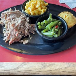 Pulled Pork Macaroni and Cheese Seasoned Green Beans Sweet Corn Muffin