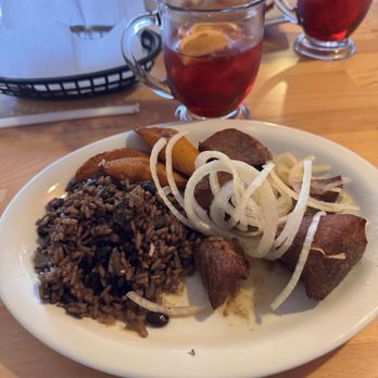 El Cubano - Fried Pork Chunks - Masas de Puerco Fritas, rice, beans, Sweet fried plantain - Platanos Maduros Fritos and sangria. - Cuban Near Me - Valencia, California