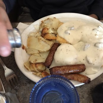 The Virginian Restaurant - Biscuits and gravy with potatoes & sausage links - American Near Me - Jackson, Wyoming The Virginian Restaurant - Biscuits and gravy with potatoes & sausage links - American Near Me - Jackson, Wyoming