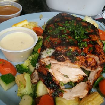 Dr Grubb's - Blackened salmon atop sauteed vegetable medley with a roasted garlic apple Aioli dipping sause. - American Near Me - Claremont, California