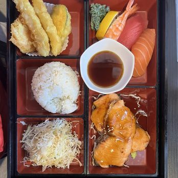 Sushi Bento - Bento Box Combo - Shrimp Tempura and Teriyaki Salmon with Assorted Sushi (also came with Miso Soup) - Japanese Near Me - Indio, California Sushi Bento - Bento Box Combo - Shrimp Tempura and Teriyaki Salmon with Assorted Sushi (also came with Miso Soup) - Japanese Near Me - Indio, California
