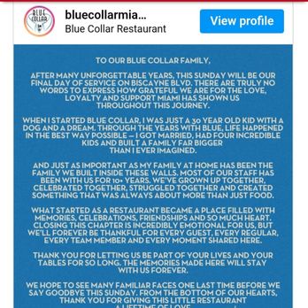 Blue Collar - Danny Serfer's good-bye letter to his loyal customers. - Comfort Food Near Me - Miami, Florida Blue Collar - Danny Serfer's good-bye letter to his loyal customers. - Comfort Food Near Me - Miami, Florida