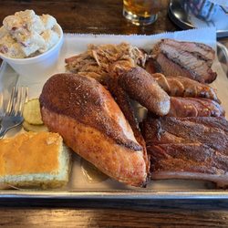 Crazy Good Barbeque - Bar & Eats - 10/24/2026 sampler platter with potato salad