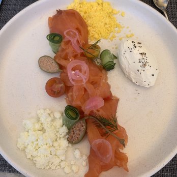 Hazel Hill - Wild King Salmon. Served with cream cheese and broken up bits of egg white and yolk (they didn't add much to the dish) - New American Near Me - Healdsburg, California