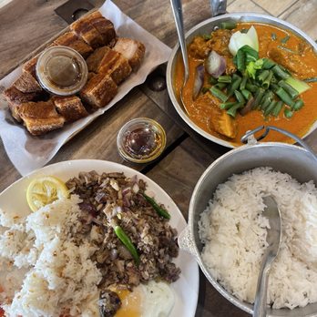Isla Restaurant - Sisig Kapampangan with Garlic rice, Kare-Kare Briske, Lechon Kawali - Filipino Near Me - San Bruno, California