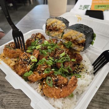 Shootz - Mixed spicy shrimp and chicken plate Spam brulee musibi - Hawaiian Near Me - Whittier, California