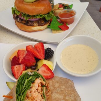 Swami's Cafe - Salmon Caesar wrap (requested dressing on side) with fresh fruit + Cheeseburger with chips/salsa side - Juice Bars & Smoothies Near Me - Carlsbad, California Swami's Cafe - Salmon Caesar wrap (requested dressing on side) with fresh fruit + Cheeseburger with chips/salsa side - Juice Bars & Smoothies Near Me - Carlsbad, California