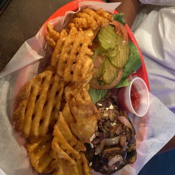 Bender Bar & Grill - Mushroom burger cooked medium and of course some waffle fries - Lounges Near Me - Austin, Texas