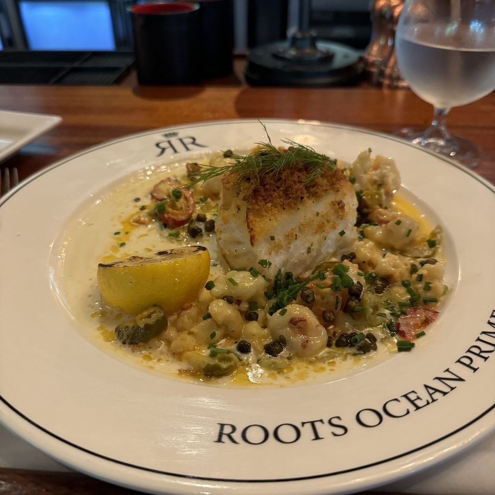 Roots Ocean Prime - Halibut with shrimp and cherry peppers. - Steakhouses Near Me - Princeton, New Jersey Roots Ocean Prime - Halibut with shrimp and cherry peppers. - Steakhouses Near Me - Princeton, New Jersey