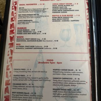 Deck. - happy hour menu - Hawaiian Near Me - Honolulu, Hawaii