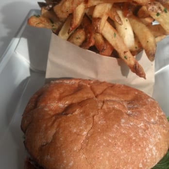 Burger Lounge - Lounge burger With half fries (delicious) & half onion rings ( didn't care for these) - Burgers Near Me - Carlsbad, California