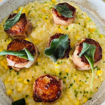 Trelio Food & Wine - Prosciutto wrapped Scallops and Corn Risotto - New American Near Me - Clovis, California Trelio Food & Wine - Prosciutto wrapped Scallops and Corn Risotto - New American Near Me - Clovis, California