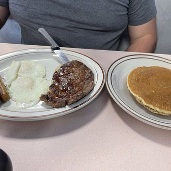 Harry's Breakfast Pancakes - Ribeye, eggs, sausage links and pancakes. - Pancakes Near Me - Myrtle Beach, South Carolina