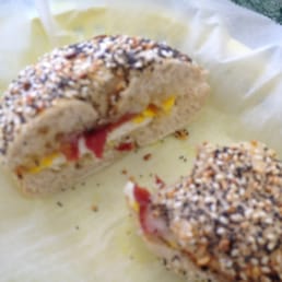 Everything bagel with egg, bacon and Swiss.