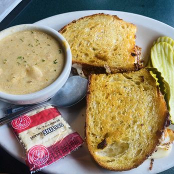 Lowell's Restaurant - Salmon Chowder and Grilled Beechers Cheese And Tomato Sandwich - American Near Me - Seattle, Washington Lowell's Restaurant - Salmon Chowder and Grilled Beechers Cheese And Tomato Sandwich - American Near Me - Seattle, Washington