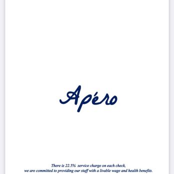 Apéro - Front page of menu before surcharge was broken into gratuity + a surcharge. - Bars Near Me - Washington, DC, District of Columbia