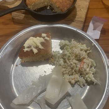 Top O'The River - Skillet cornbread, Cole slaw and pickled onions - Seafood Near Me - Guntersville, Alabama Top O'The River - Skillet cornbread, Cole slaw and pickled onions - Seafood Near Me - Guntersville, Alabama