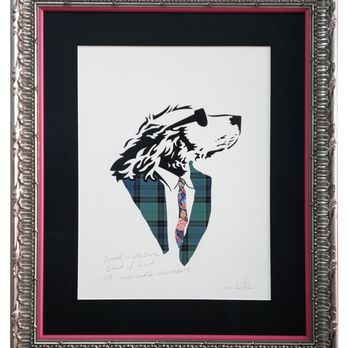 Sunset Framer & Art Gallery - Linen textured black mat, baroque silver frame with pink fillet for this cool dog. - Framing Near Me - Saint George, Utah Sunset Framer & Art Gallery - Linen textured black mat, baroque silver frame with pink fillet for this cool dog. - Framing Near Me - Saint George, Utah