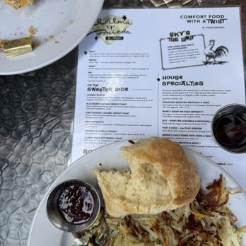 Wilma & Frieda's Cafe - Scramble with mushrooms, jack cheese and onions + hash browns & biscuit - Comfort Food Near Me - Palm Desert, California Wilma & Frieda's Cafe - Scramble with mushrooms, jack cheese and onions + hash browns & biscuit - Comfort Food Near Me - Palm Desert, California