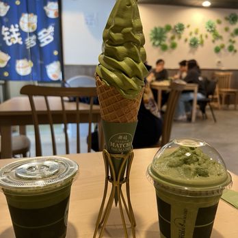 Premium Matcha Cafe Maiko - Matcha frappe, matcha ice cream in waffle cone, and matcha with jelly - Desserts Near Me - Portland, Oregon