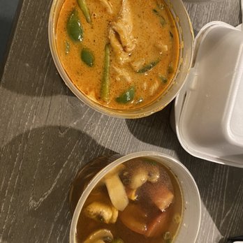 Mint Thai Kitchen - Oops sideways photo of the chicken red curry and chicken Tom Yum soup. - Thai Near Me - Houston, Texas
