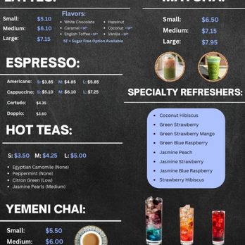 MOTW - Menu - Coffee shop menu featuring specialty lattes, matcha drinks, espresso, hot teas, and Yemeni chai with prices and flavor options. - Desserts Near Me - Avon, Indiana