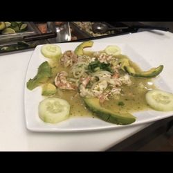 Del Mar  Seafood & Oyster Bar - Camarones "aguachiles" cooked shrimp marinated in lime, a perfect starter plate.