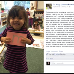 Happy Childrens Montessori - Example Facebook post of Happy Children Montessori... with work area in the background, kids working.