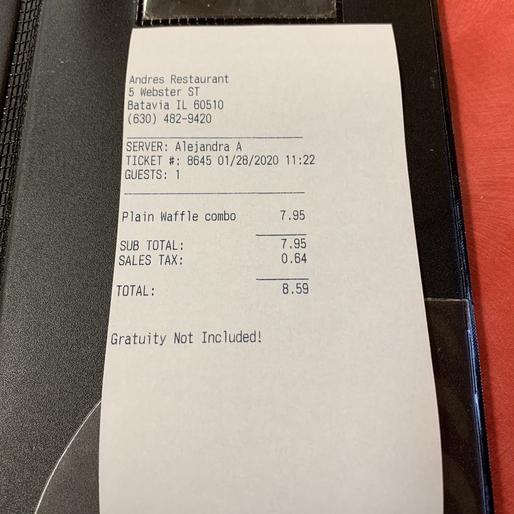 Andres Restaurant - Receipt - Spanish Near Me - Batavia, Illinois Andres Restaurant - Receipt - Spanish Near Me - Batavia, Illinois