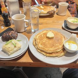 Signature sausage for tender, thinly sliced potatoes with creamy sauce. The amazing lemon infused pancakes. So delicious!