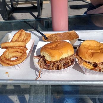 Quentin's BBQ & Sides - Pulled pork sandwich, BBQ beans, and onion rings - Barbeque Near Me - Bonner Springs, Kansas