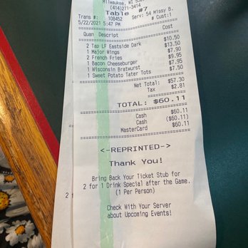 Major Goolsby's - a receipt for a restaurant - Sports Bars Near Me - Milwaukee, Wisconsin