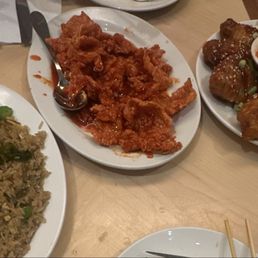 Spicy basil beef fried rice, orange peel chicken, Korean fried chicken wings