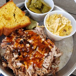 BBQ pork, green beans, grits casserole, cornbread - tasty!