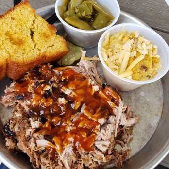 Edley’s Bar-B-Que - BBQ pork, green beans, grits casserole, cornbread - tasty! - Barbeque Near Me - O'Fallon, Illinois