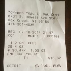 YoFresh Yogurt Cafe - Last nights cost of spoiled yogurt