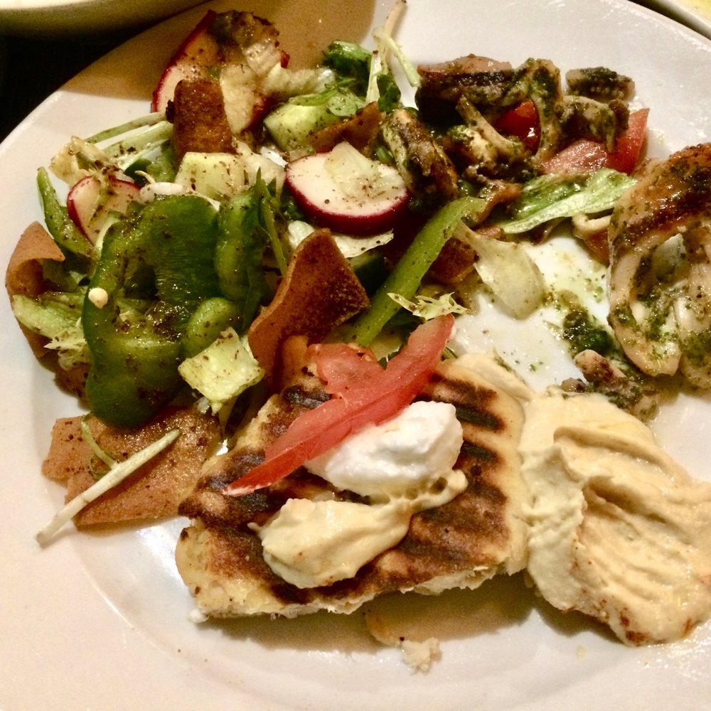 Mejana - PLATED: Grilled Calamari; creamy hummus; house made pita; chicken shawarma sliders; and fattoush - Mediterranean Near Me - Arlington, Virginia Mejana - PLATED: Grilled Calamari; creamy hummus; house made pita; chicken shawarma sliders; and fattoush - Mediterranean Near Me - Arlington, Virginia