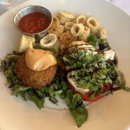 Trio Appetizer with shrimp,calamari,Caprese and Crab cake... Absolutely delicious!!!!!! Trio Appetizer with shrimp,calamari,Caprese and Crab cake... Absolutely delicious!!!!!!