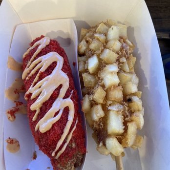 ChungChun - Sul Bing Su - Half sausage/mozzarella with hot Cheetos dust and a potato sausage corn dog. - Desserts Near Me - Katy, Texas ChungChun - Sul Bing Su - Half sausage/mozzarella with hot Cheetos dust and a potato sausage corn dog. - Desserts Near Me - Katy, Texas