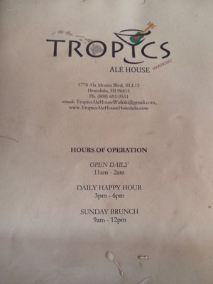 Menu photo 2 Tropics Restaurant & Craft House Honolulu, HI Menu photo 2 Tropics Restaurant & Craft House Honolulu, HI