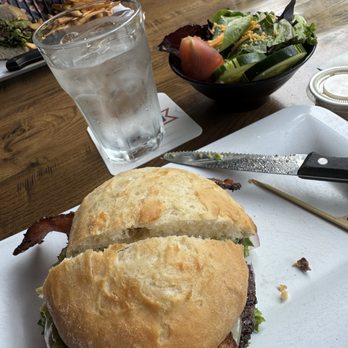 Blazing Onion Burger Company - California bacon burger with gf bun and house side salad - American Near Me - Newcastle, Washington