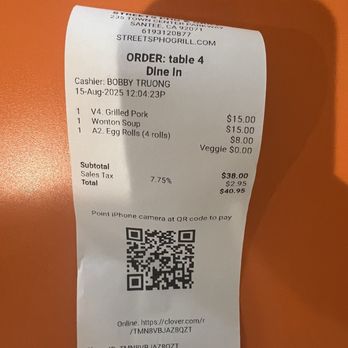 Streets Pho & Grill - Bill - Vietnamese Near Me - Santee, California