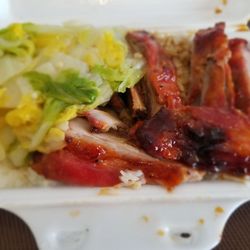 Bbq pork ribs with rice and veggies
