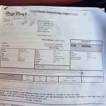 Pep Boys - Invoice - Tires Near Me - Ontario, California