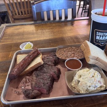 Southside Market - Thursday's special, smoked NY strip, beans, potato salad and sausage wrap. - Barbeque Near Me - Leander, Texas
