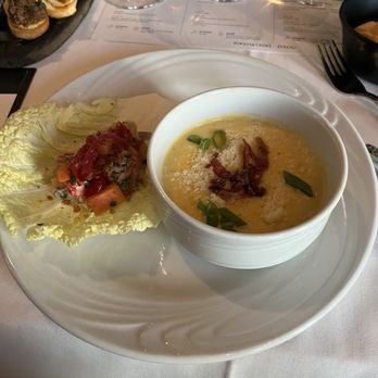 Fogo de Chão - Lobster & Shrimp Taco accompanied with Roasted Corn Chowder - Brazilian Near Me - Plano, Texas Fogo de Chão - Lobster & Shrimp Taco accompanied with Roasted Corn Chowder - Brazilian Near Me - Plano, Texas